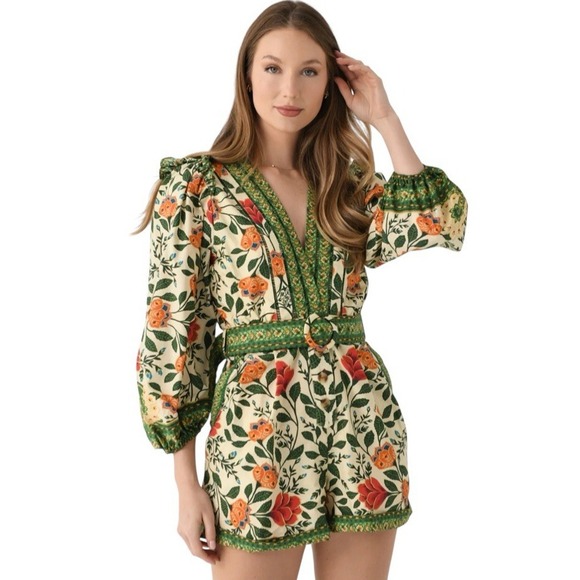 Farm‎ Rio Sand Garden Tapestry Romper XS Floral Green Puff Sleeve Cottage Whimsy - Picture 3 of 16